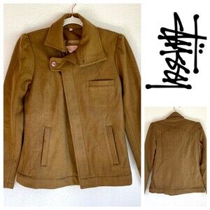 Stussy Women's Camel Felted Diagonal Zipper Coat with Asymmetrical Collar XS